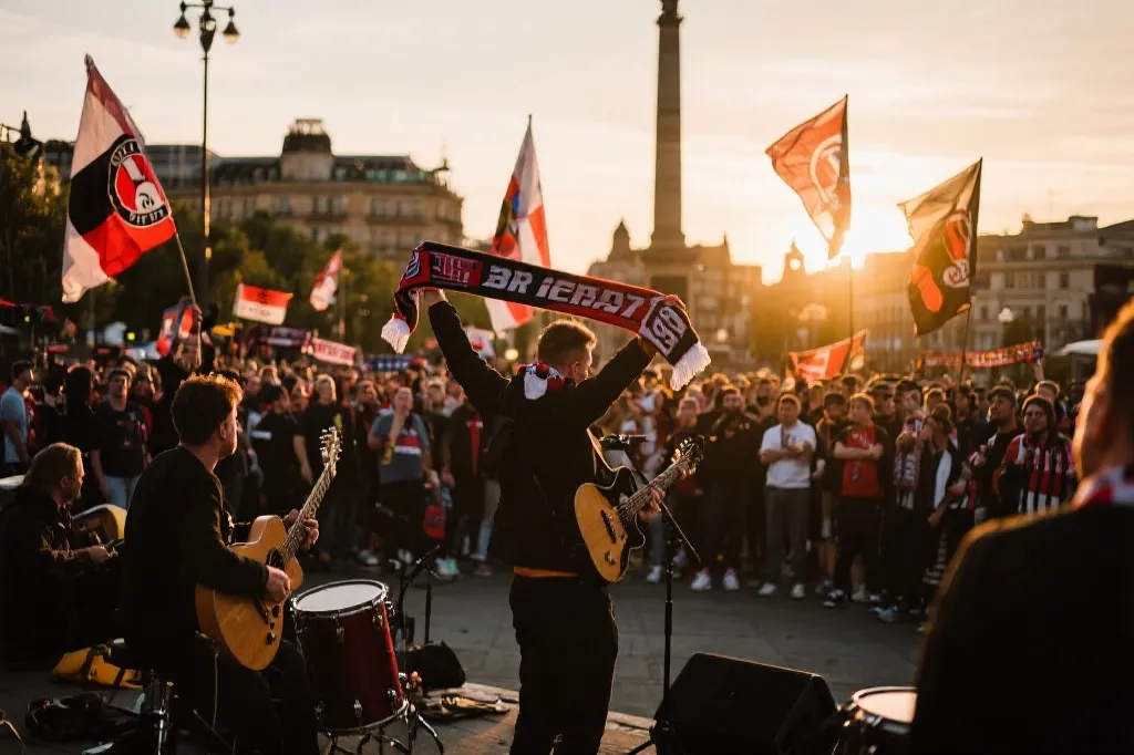 球场外广场的墨西哥球迷与街头乐队，旗帜与围巾随节奏摆动，傍晚暖光氛围