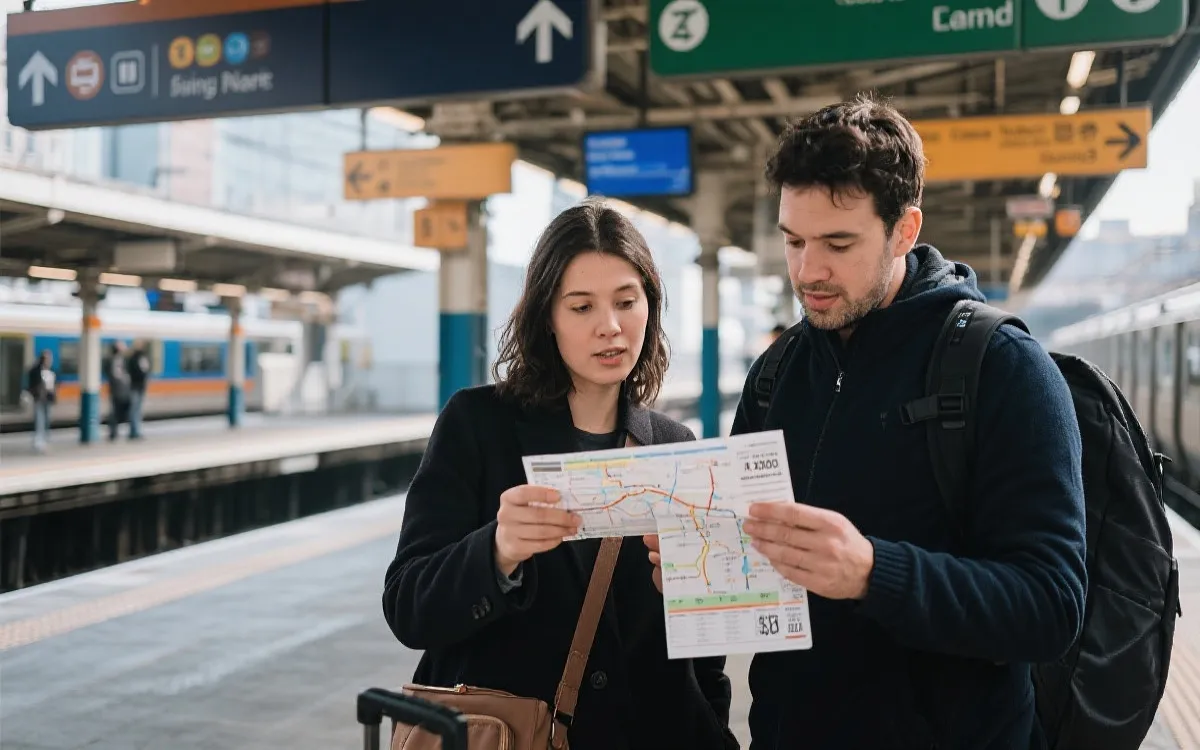 旅行者在城市交通枢纽查看线路与预算清单，准备前往球场